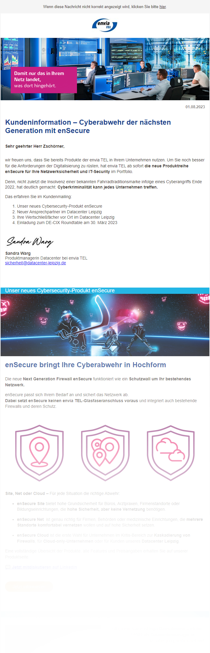 Teil des Newsletters zur Vorstellung der enSecure Produkte der envia TEL