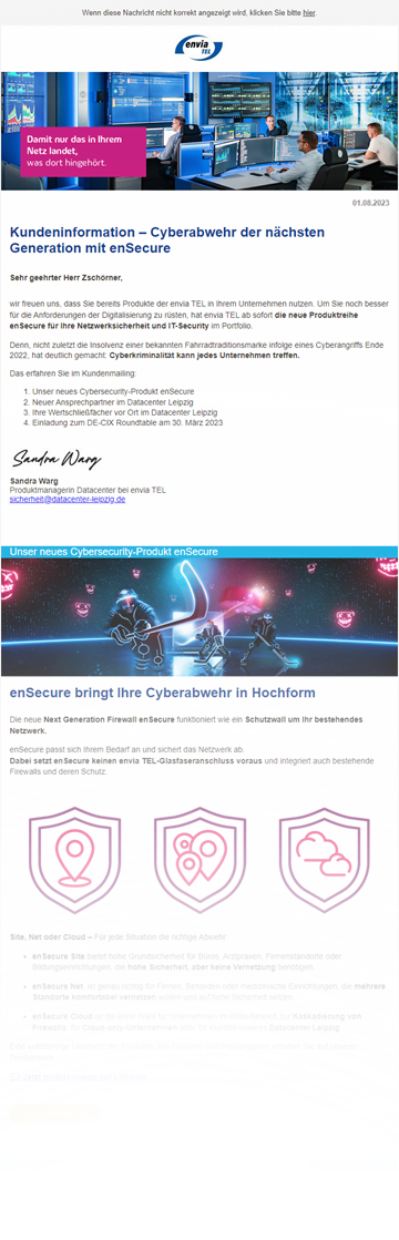 Security Newsletter Teil des Newsletters zur Vorstellung der enSecure Produkte der envia TEL