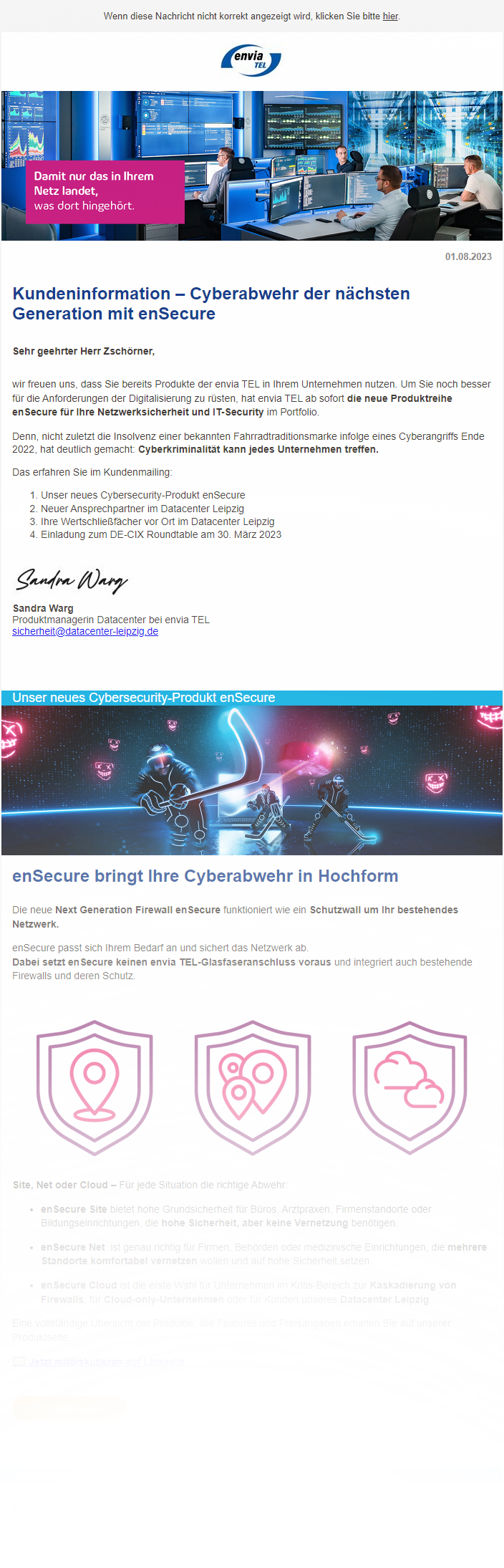 Security Newsletter Teil des Newsletters zur Vorstellung der enSecure Produkte der envia TEL