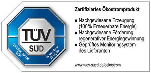 Logo des TÜV Süd für ein zertifiziertes Ökostromprodukt